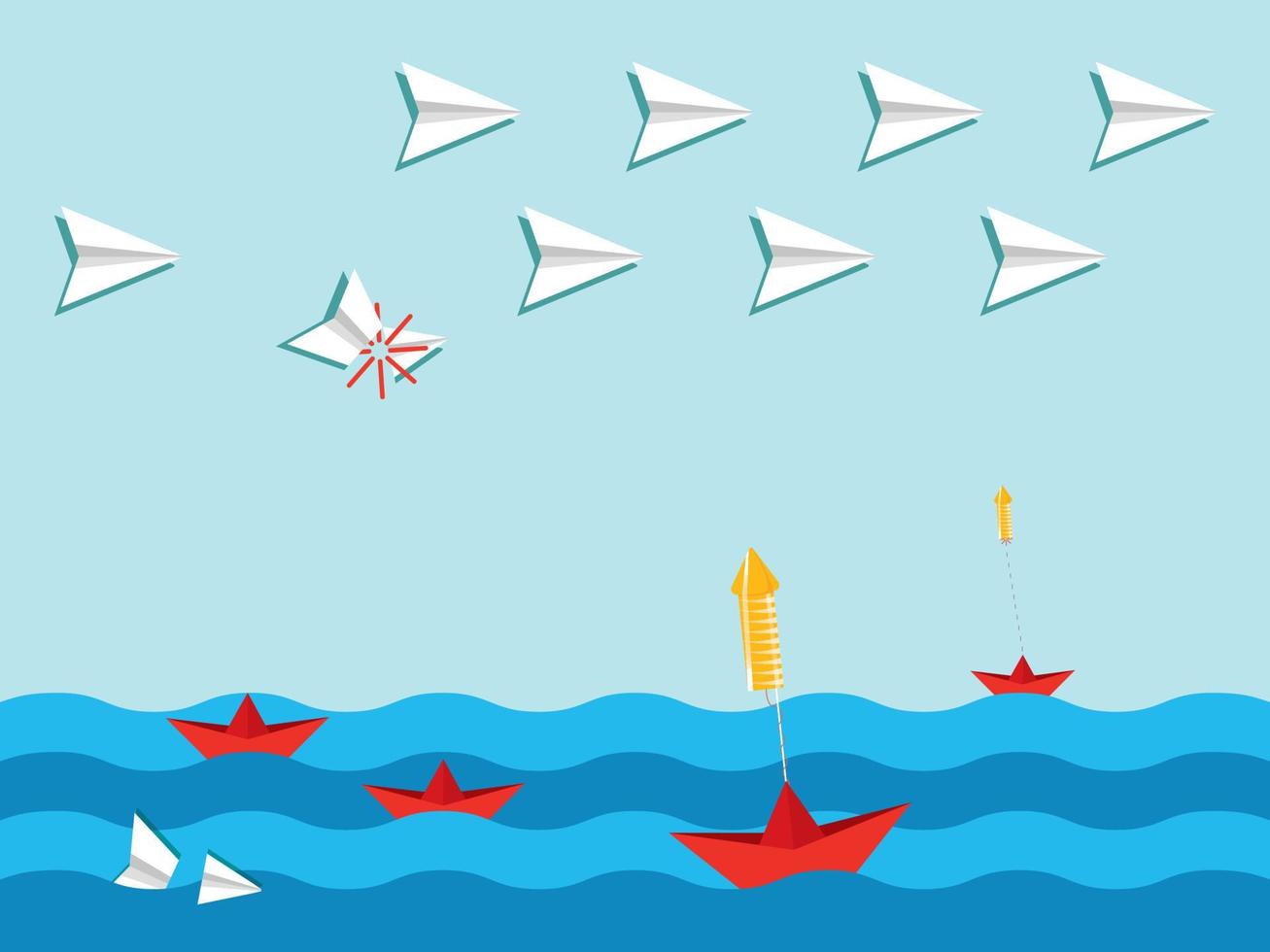 Paper ships hitting planes in the air with missile missiles. Creative idea symbol paper art style illustration. vector