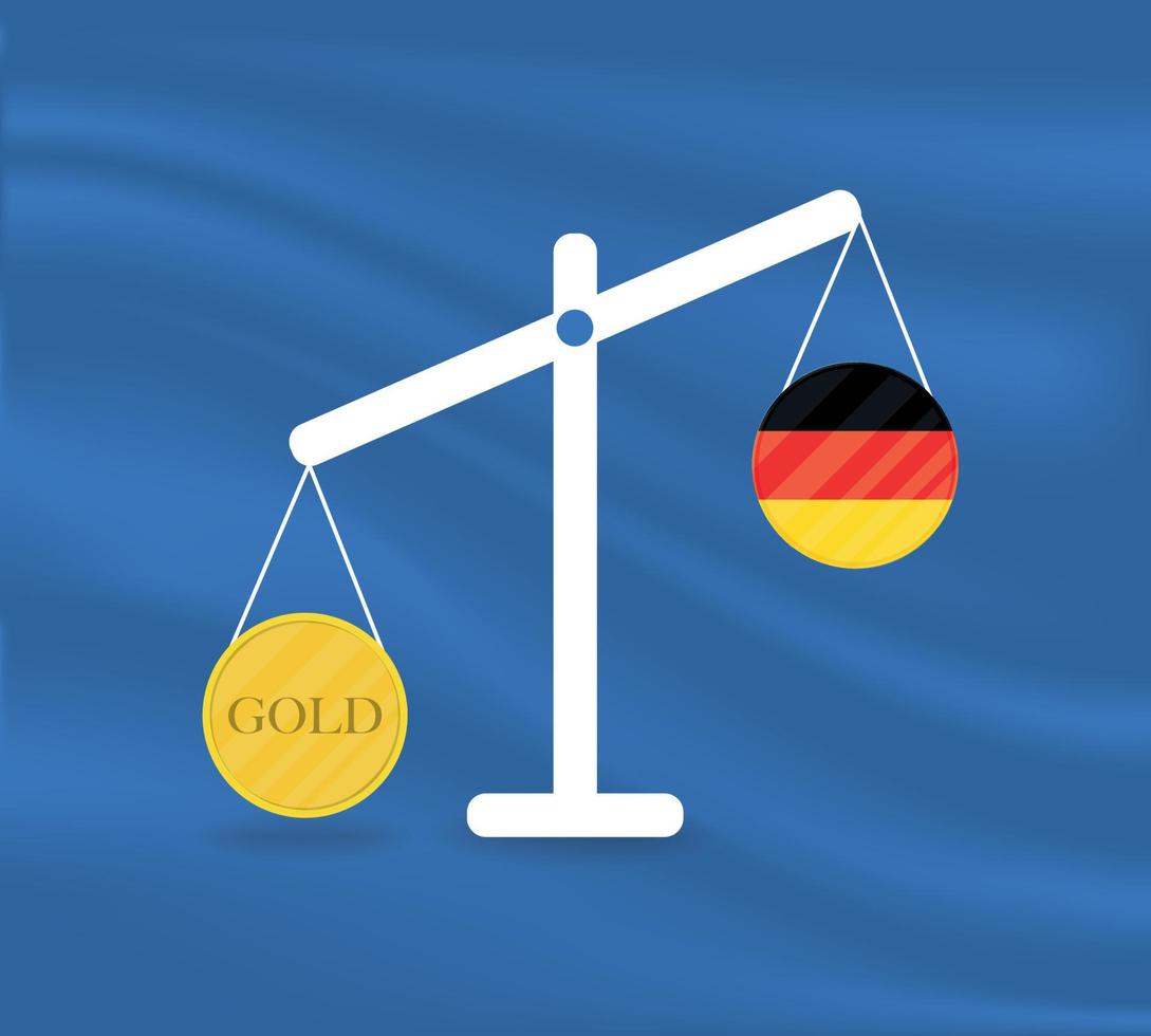 Currency round yellow gold on Libra and the economy balances of the country of Germany. Gold is rising, the currency value of the country is decreasing. Money value and purchasing power change. vector