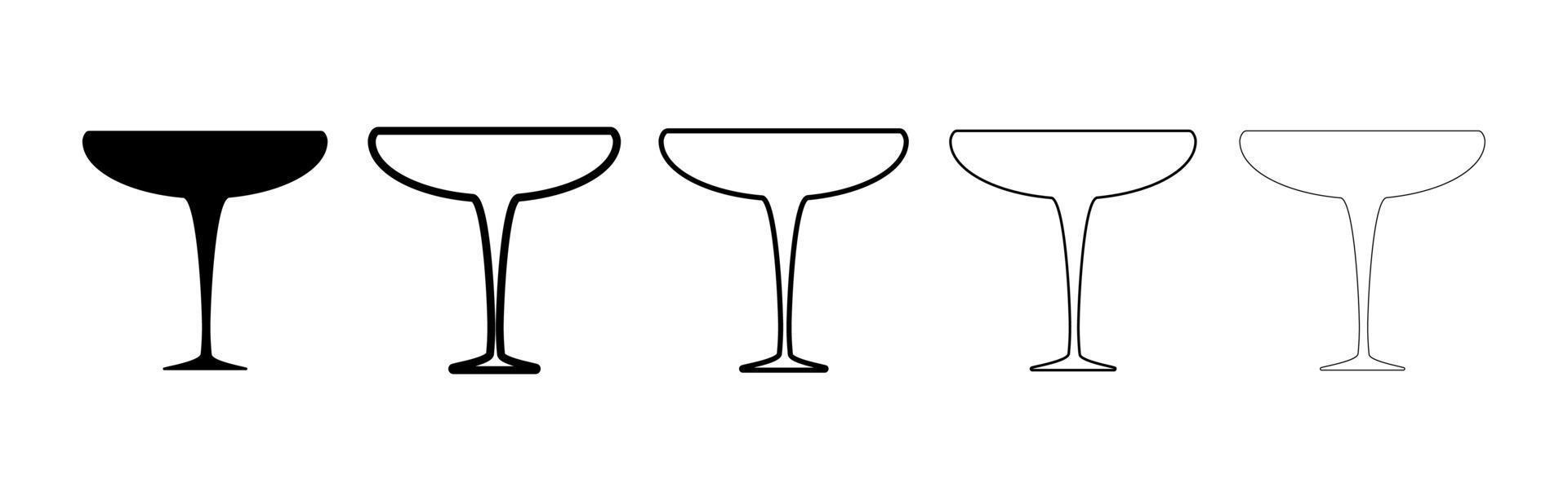 conjunto de silueta de copas de vino y martini. vasos de diferentes espesores. vidrio en color negro aislado sobre fondo blanco. conjunto de iconos de copa de martini de silueta. diseño de arte de línea moderna. vector