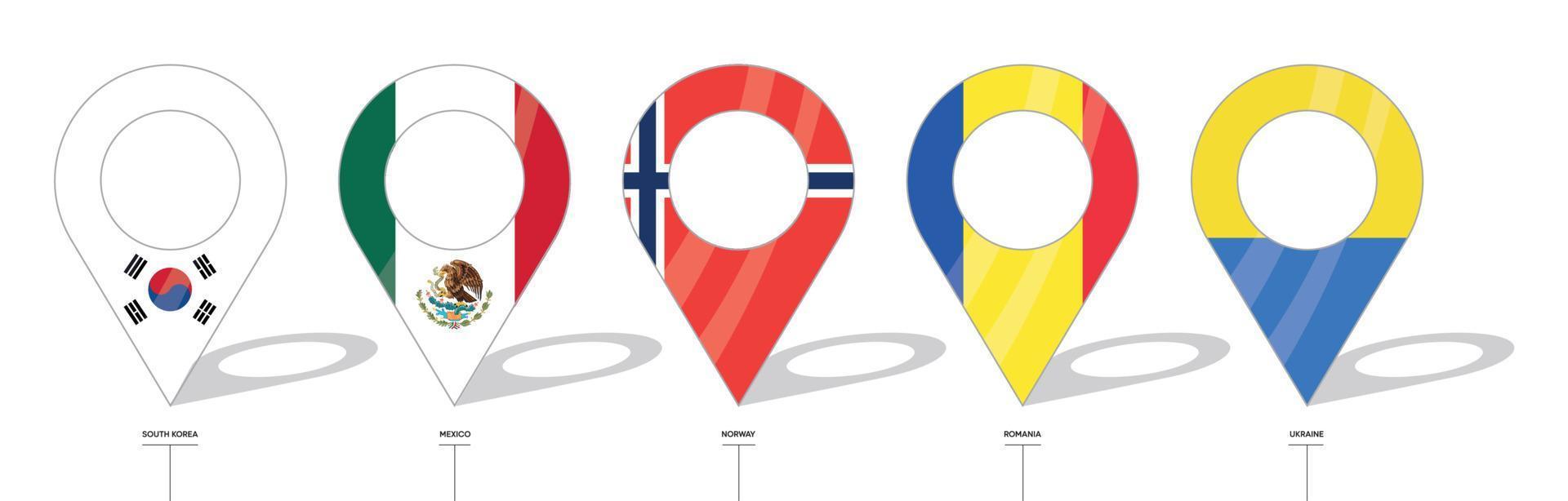 Country flag location sign. South Korea, Mexico, Norway, Romania and Ukraine flag icons. Flags of countries with check-ins. Vector icon of simple forms of point of location.