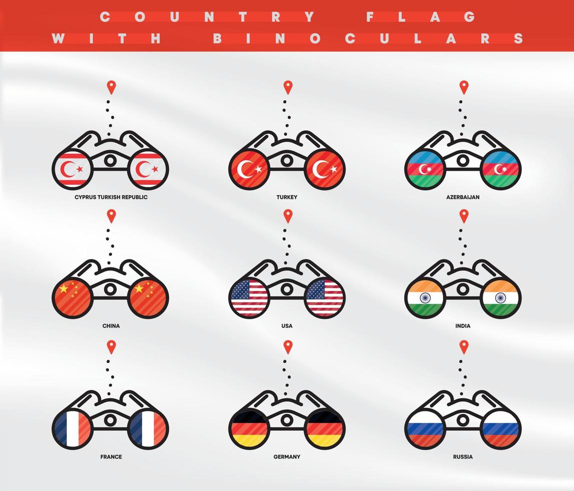 Country flags location icons. Viewing country locations with binoculars, location icons for travel. Flags of Cyprus Turkish Republic, Turkey, Azerbaijan, China, USA and many countries. Editable stroke vector