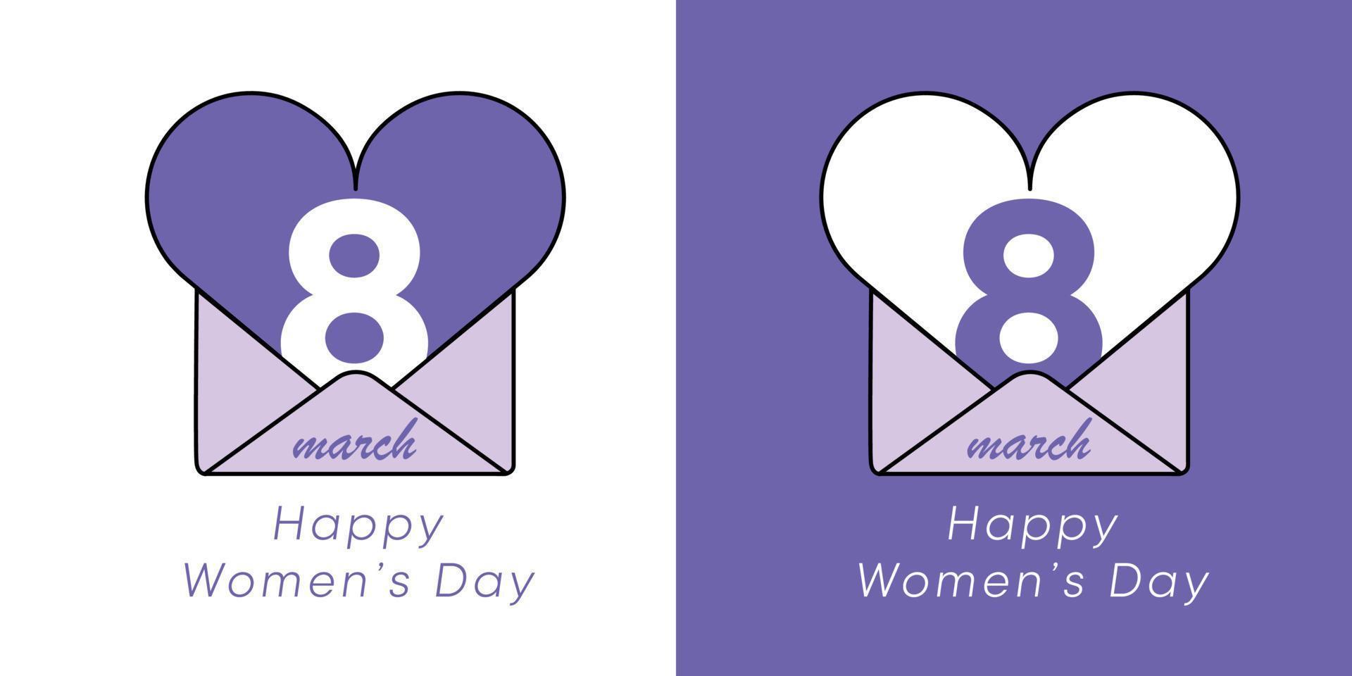 8 March Happy women's day design and logo design. 8 March International Women's Day design on a white background and in purple colors. The number 8 is opened inside the letter with a heart envelope. vector