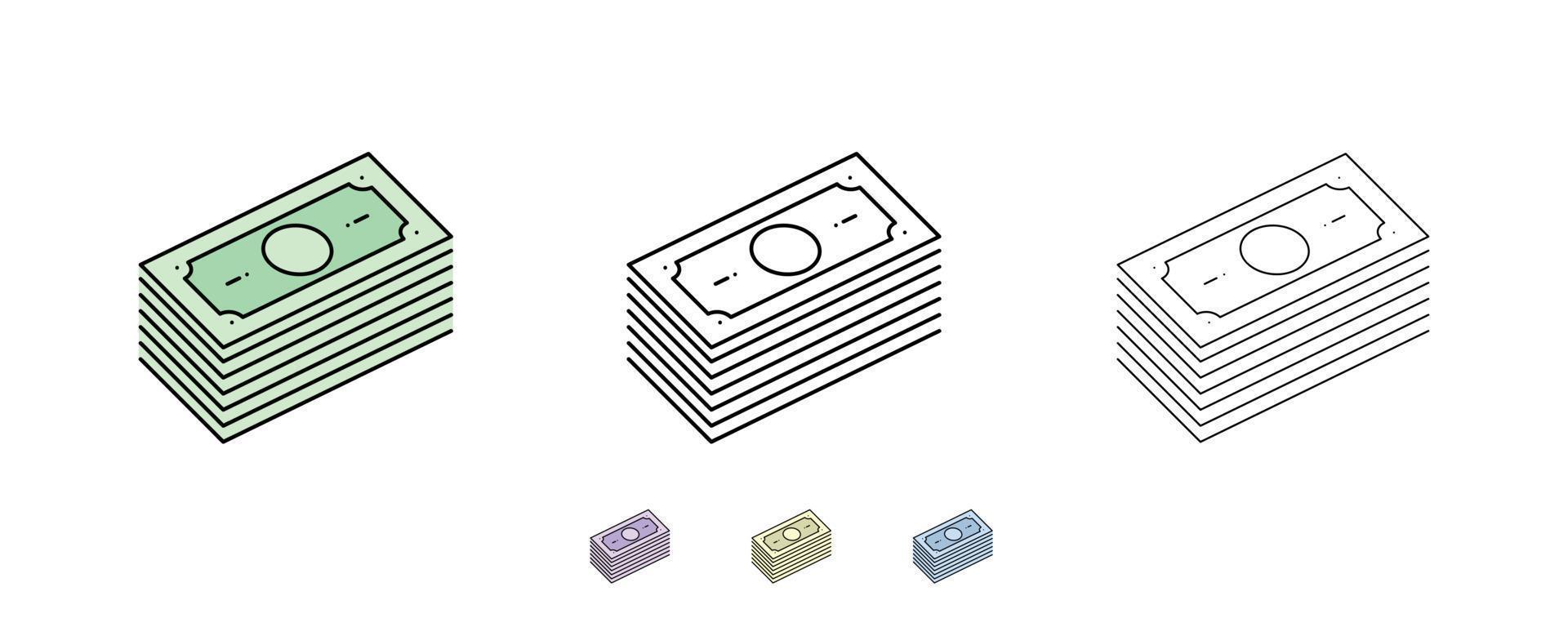 It is used in web and designs in areas such as money transfer, withdrawal and deposit. Paper money icon. Alternatively, different colors have been added. Symbols of different thickness. vector