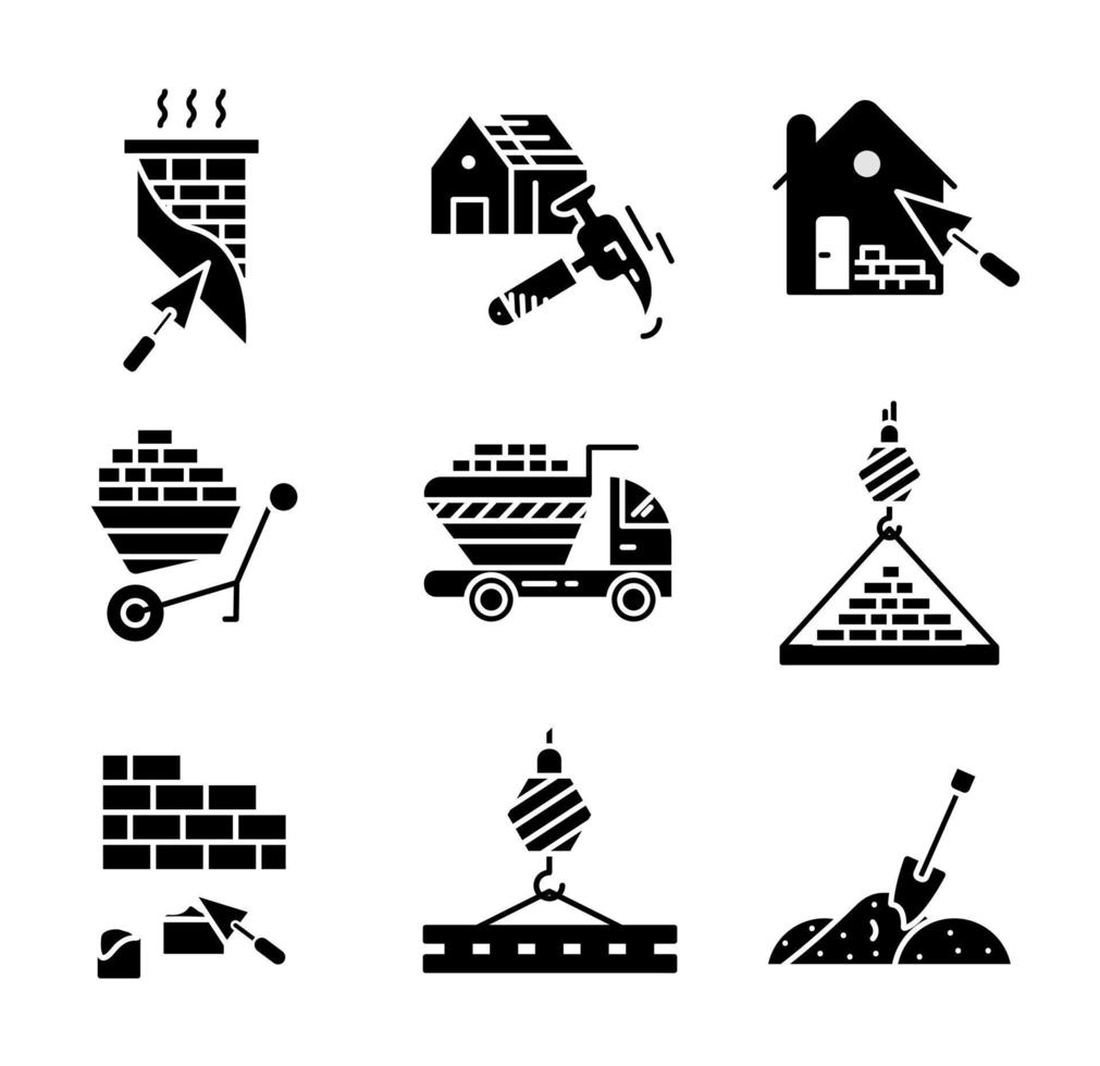 House roof repair process, chimney plastering, house construction and brick transport icon set. Architecture and art vector illustration set. Editable row set. Silhouette icon set.