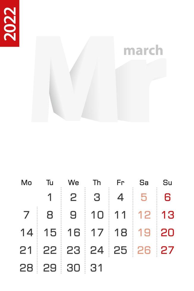 Minimalist calendar template for March 2022, vector calendar in English.