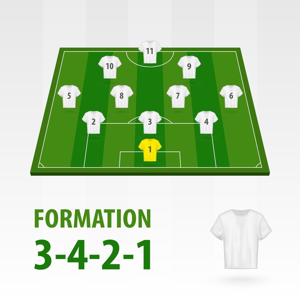 alineaciones de jugadores de fútbol, formación 3-4-2-1. medio estadio de fútbol. vector