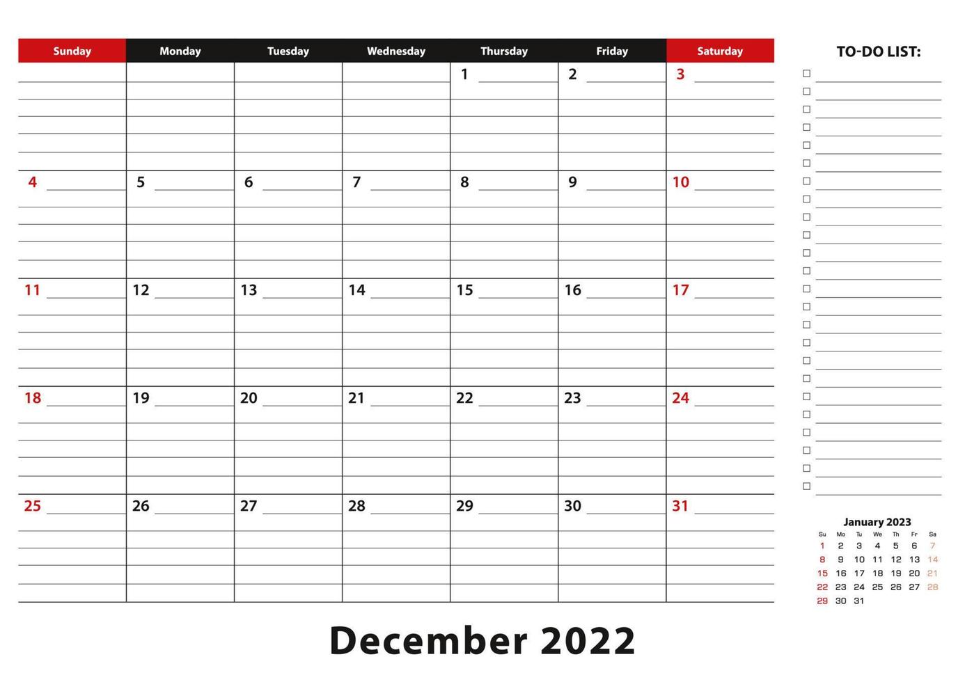 diciembre de 2022 calendario mensual de bloc de escritorio la semana comienza en domingo, tamaño a3. vector