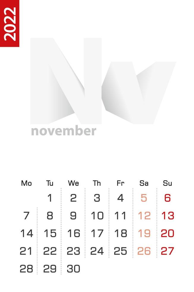 plantilla de calendario minimalista para noviembre de 2022, calendario vectorial en inglés. vector