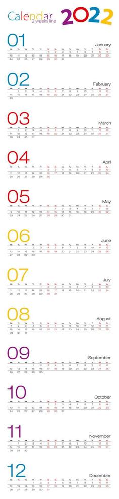 Year 2022 Calendar, 2 weeks line for different design. vector