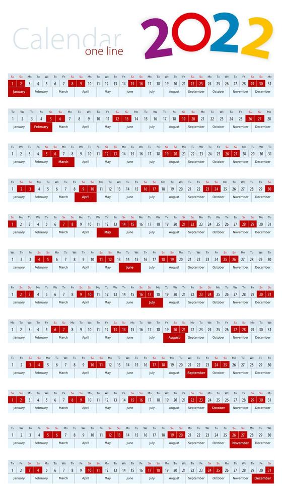 One line calendar for 2022 year. vector