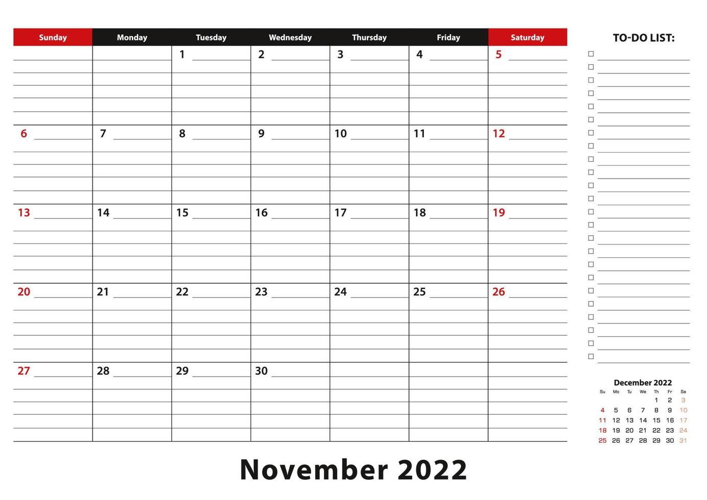 noviembre de 2022 calendario mensual de bloc de escritorio la semana comienza en domingo, tamaño a3. vector