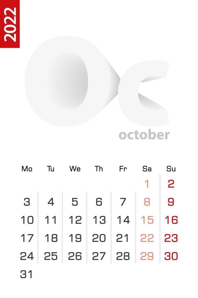 plantilla de calendario minimalista para octubre de 2022, calendario vectorial en inglés. vector