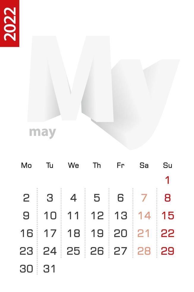 Minimalist calendar template for May 2022, vector calendar in English.