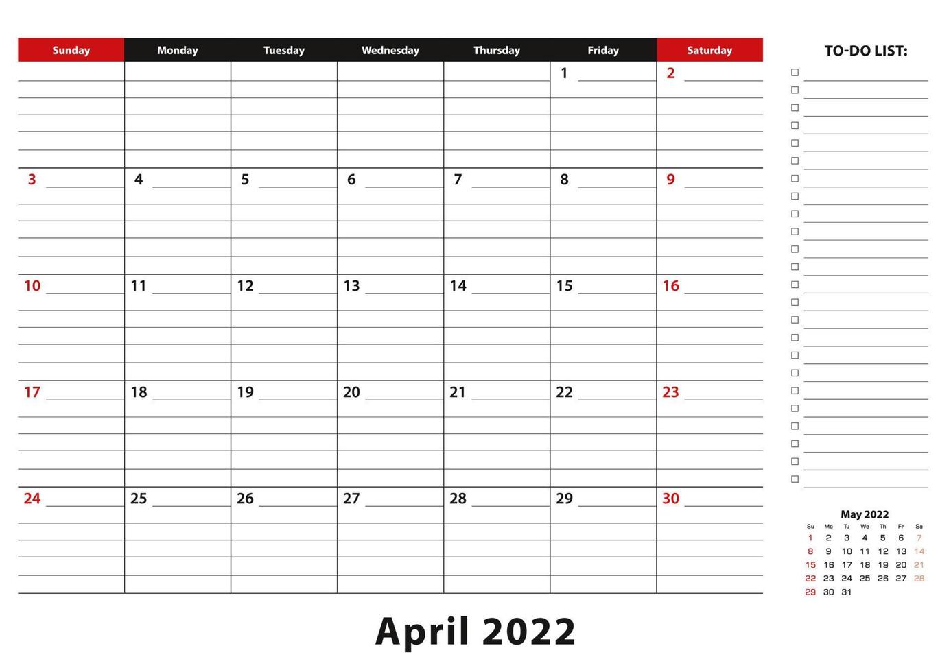 abril de 2022 calendario mensual de bloc de escritorio la semana comienza en domingo, tamaño a3. vector