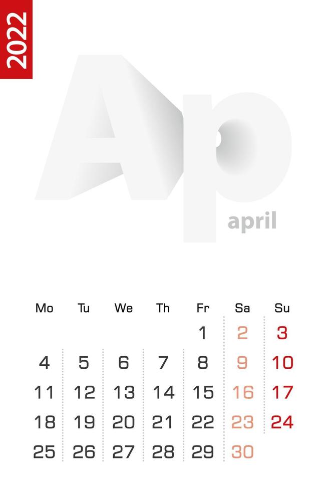 Minimalist calendar template for April 2022, vector calendar in English.