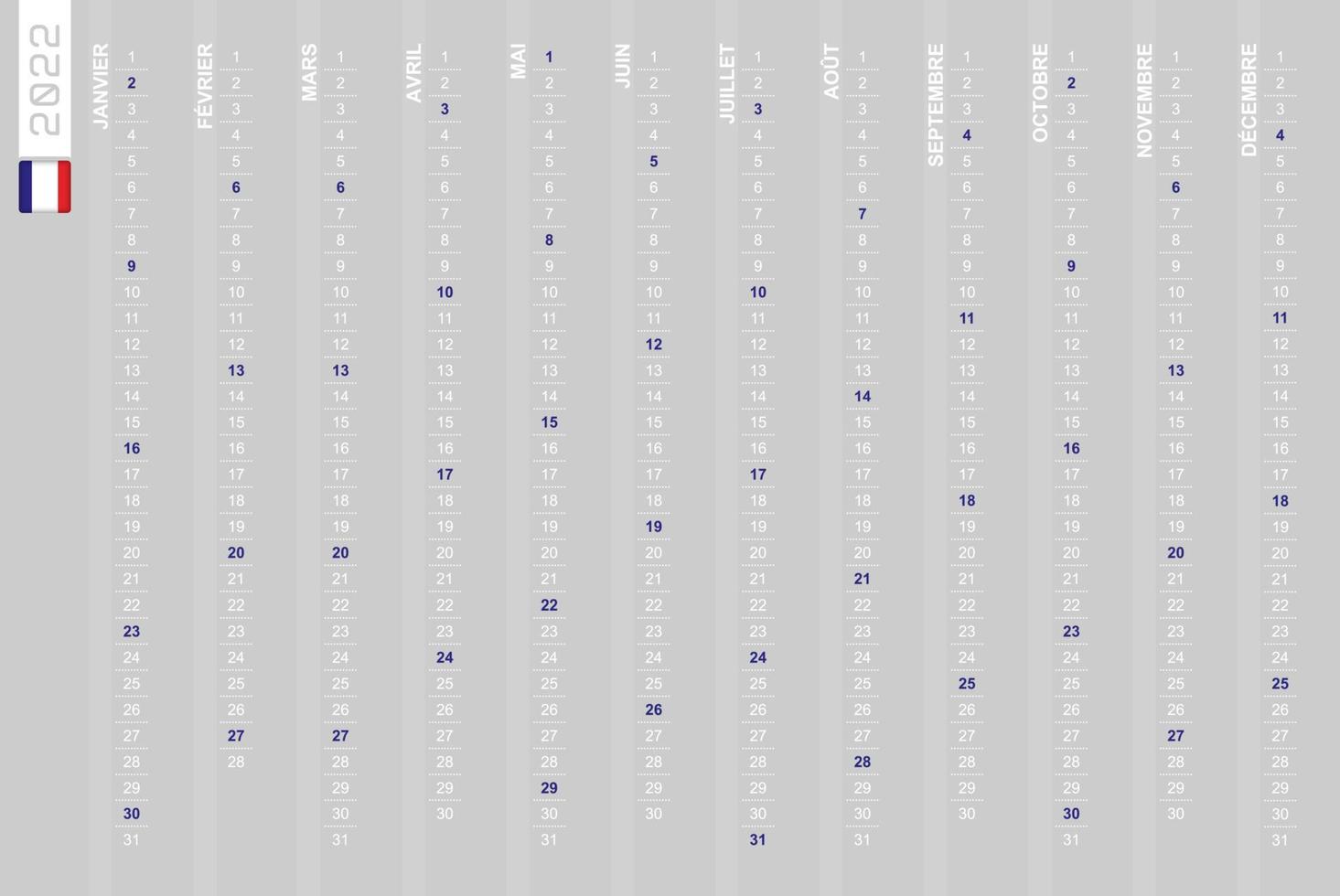 One-row vertical calendar for the year 2022 in French. French calendar for 2022 with highlighted Sundays. vector