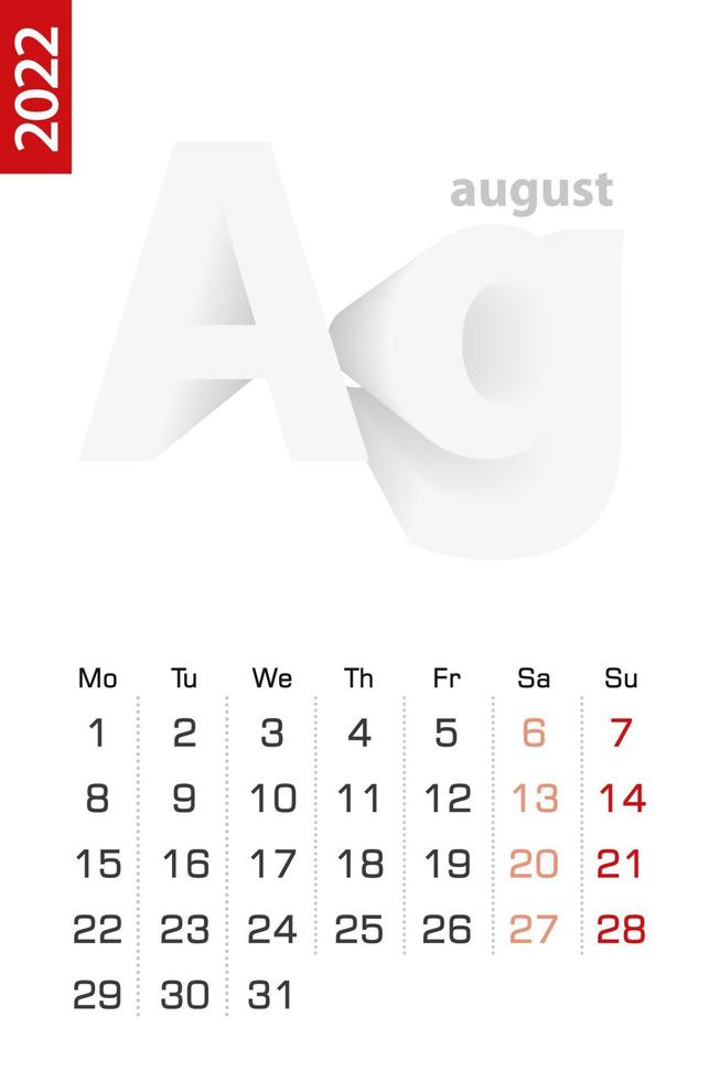 Minimalist calendar template for August 2022, vector calendar in English.