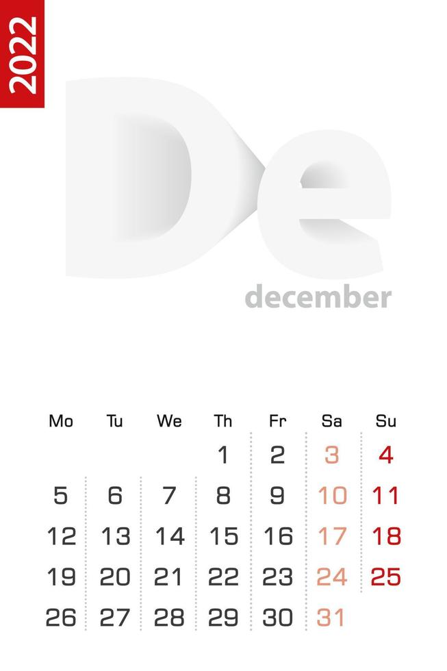 Minimalist calendar template for December 2022, vector calendar in English.