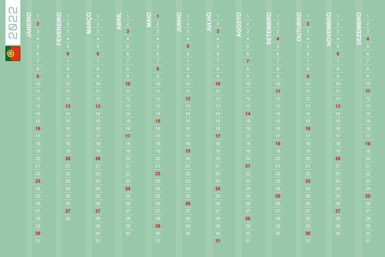 One-row vertical calendar for the year 2022 in Portuguese. Portuguese calendar for 2022 with highlighted Sundays. vector