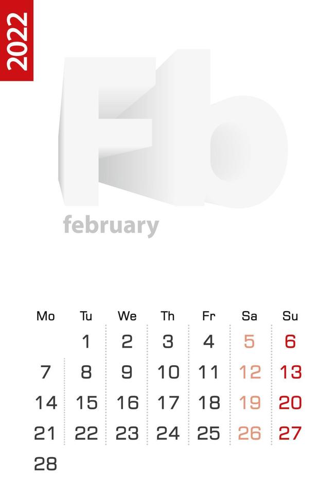 Minimalist calendar template for February 2022, vector calendar in English.