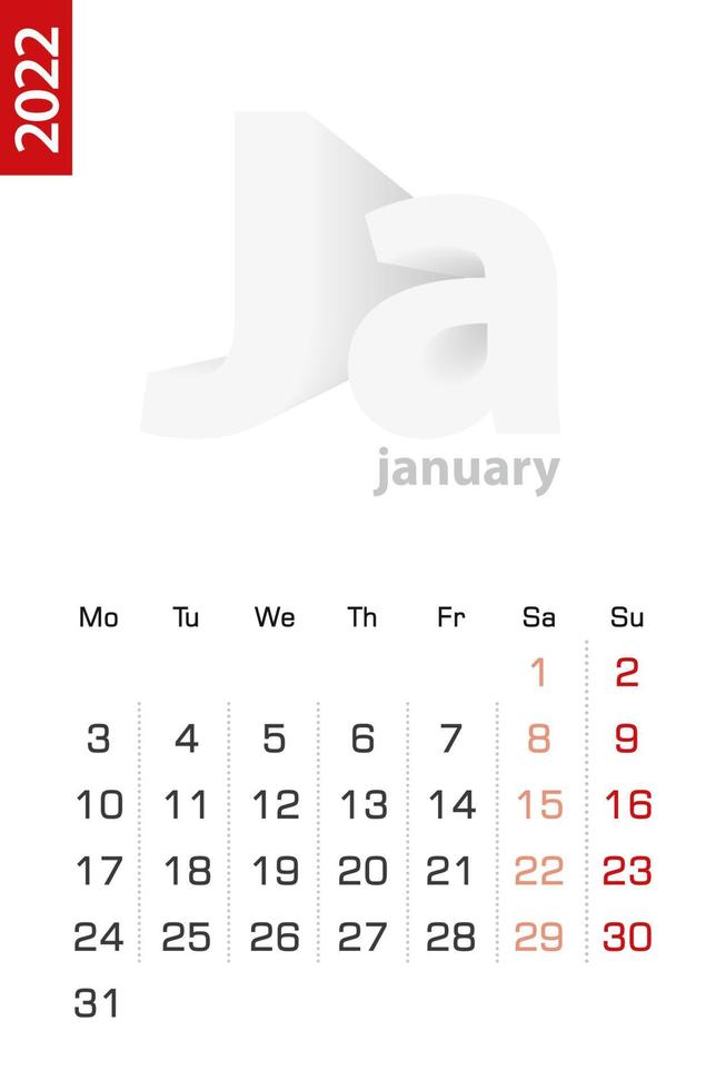 Minimalist calendar template for January 2022, vector calendar in English