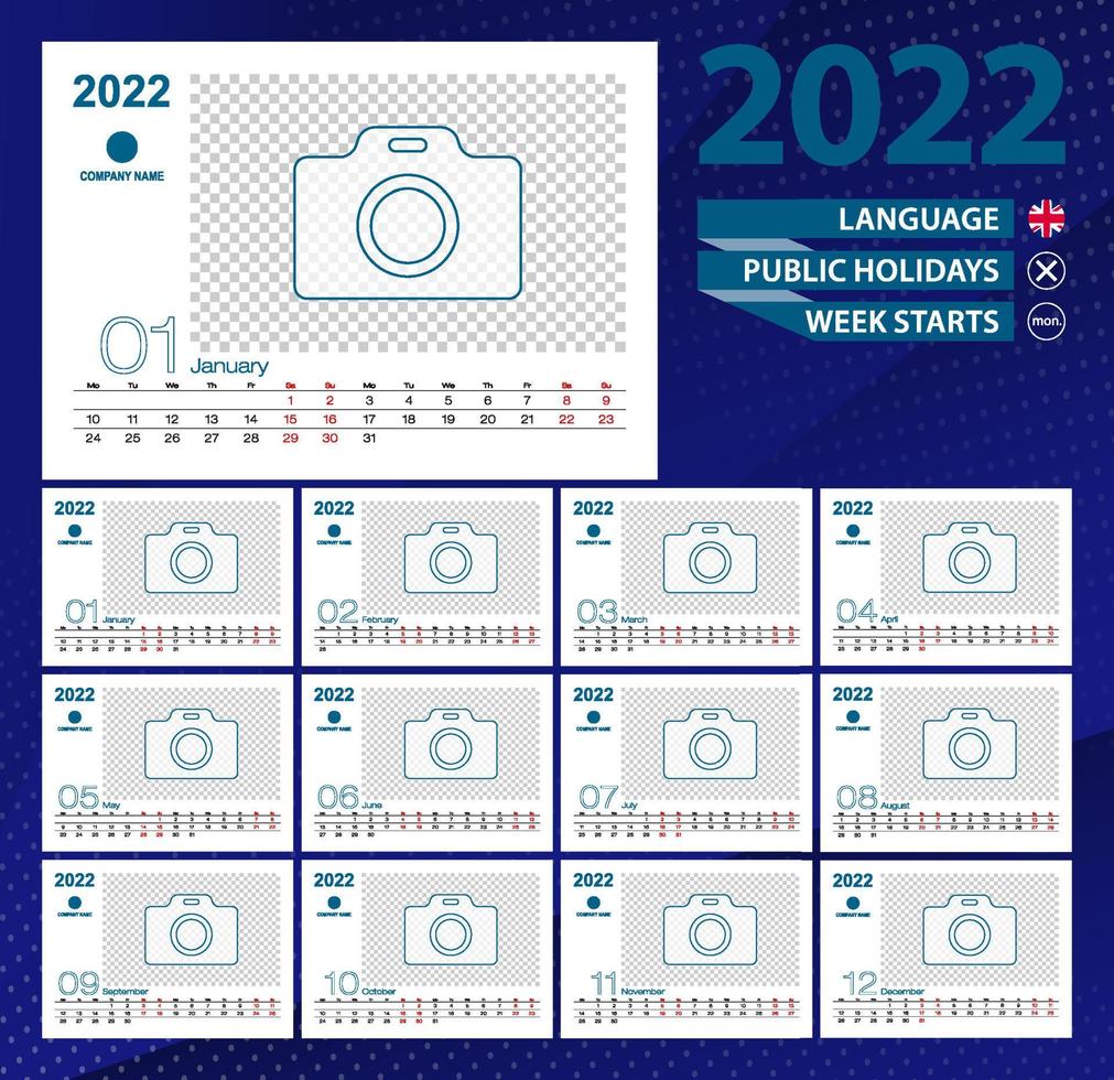 calendario de escritorio 2022, cuadrícula de 2 semanas en inglés. lugar para foto para ilustración. vector