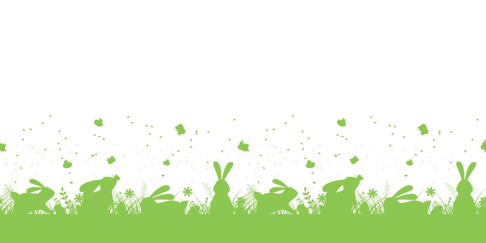 Seamless green horizontal pattern with Easter bunnies and eggs on white background. For textiles, wallpaper, wrapping paper, window decoration, banners. Vector pattern.