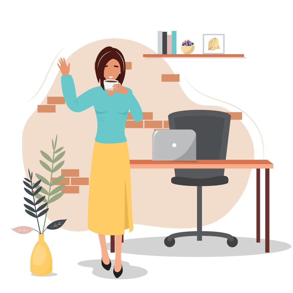 mujer de oficina sosteniendo una taza de café, té. mujer tomando un descanso para tomar café en la oficina, oficina en casa. ilustración del concepto de oficina. vector