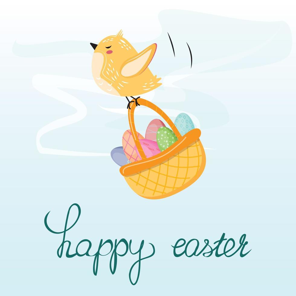 Cute little chick, bird flying and holding a basket with Easter eggs. Easter illustration. Flat design illustration. vector