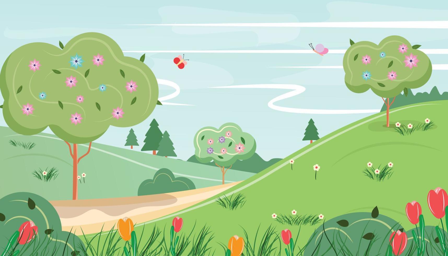 hermoso y tranquilo paisaje con árboles, tulipanes, campos y mariposas. primavera, ilustración de verano para pascua. vector