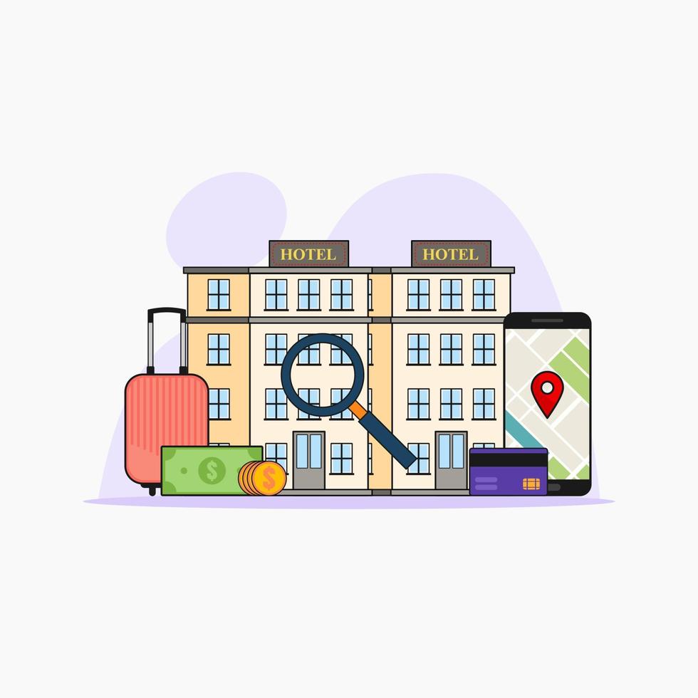 ilustración para encontrar el concepto de hotel en línea con mapas de teléfonos inteligentes ubicación gps. vector de diseño con estilo plano