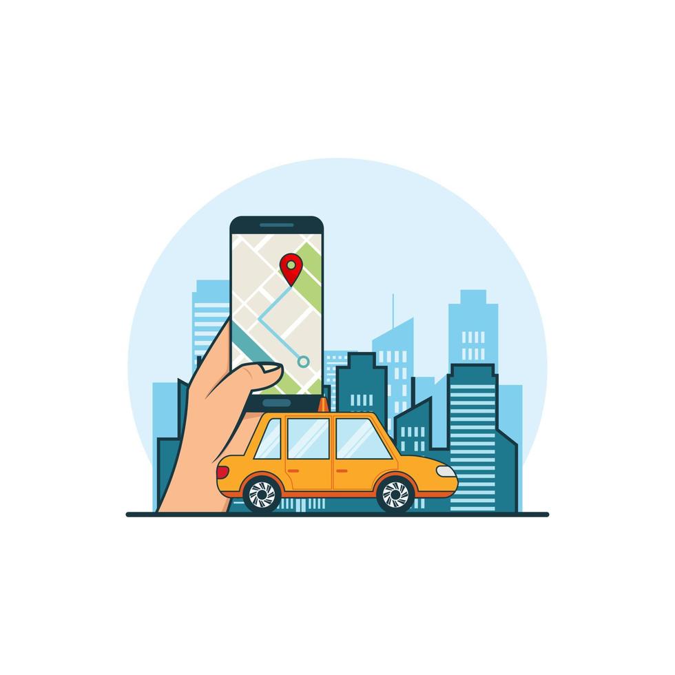 Illustration to find online transportation concept with smartphone maps gps location. Design vector with flat style