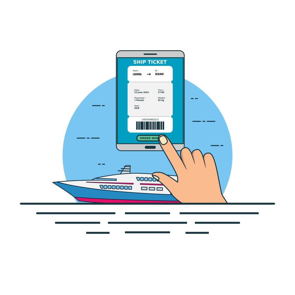 Illustration for buy online ship ticket with smartphone concept. Design vector with flat style