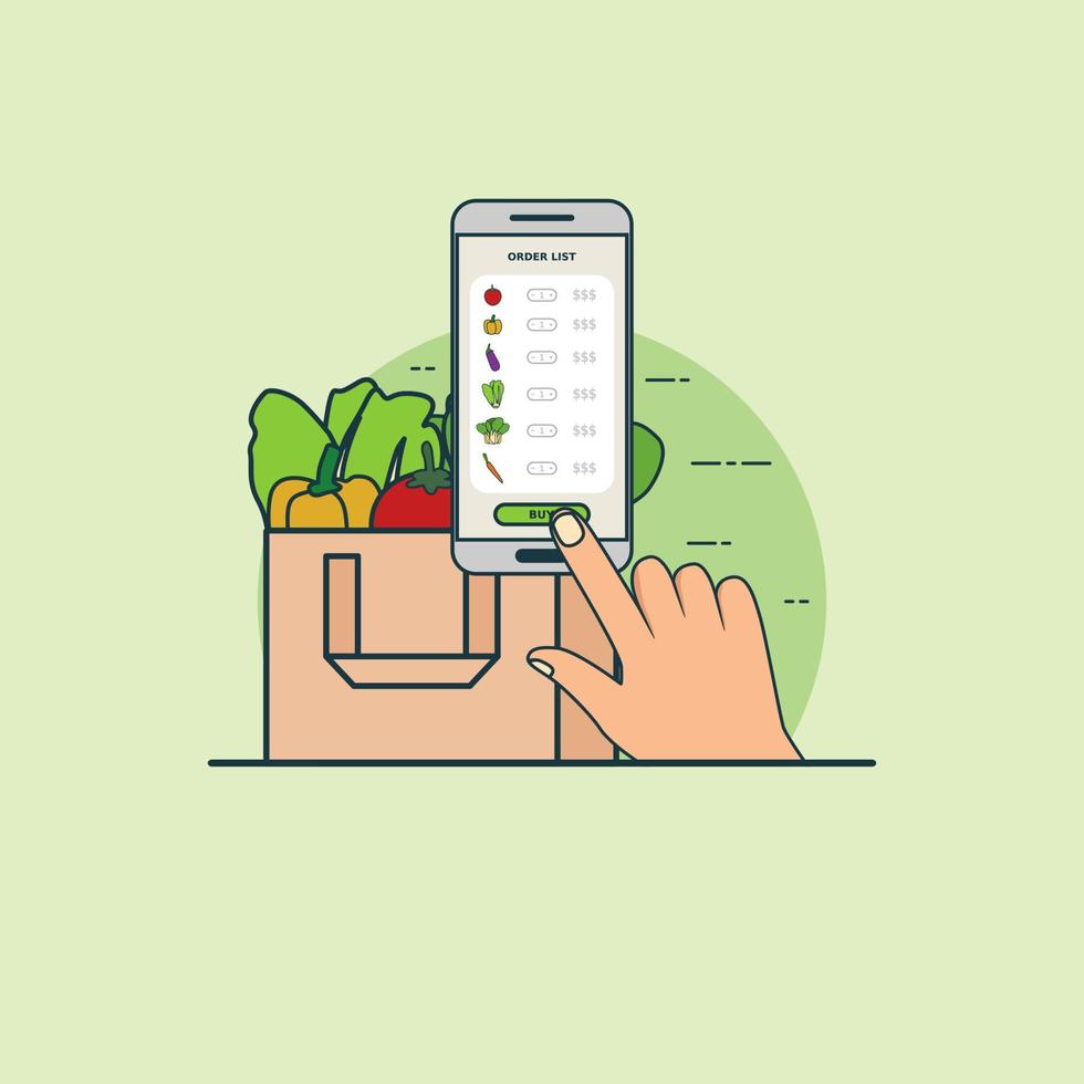 Illustration for buy online vegetable with smartphone concept. Design vector with flat style