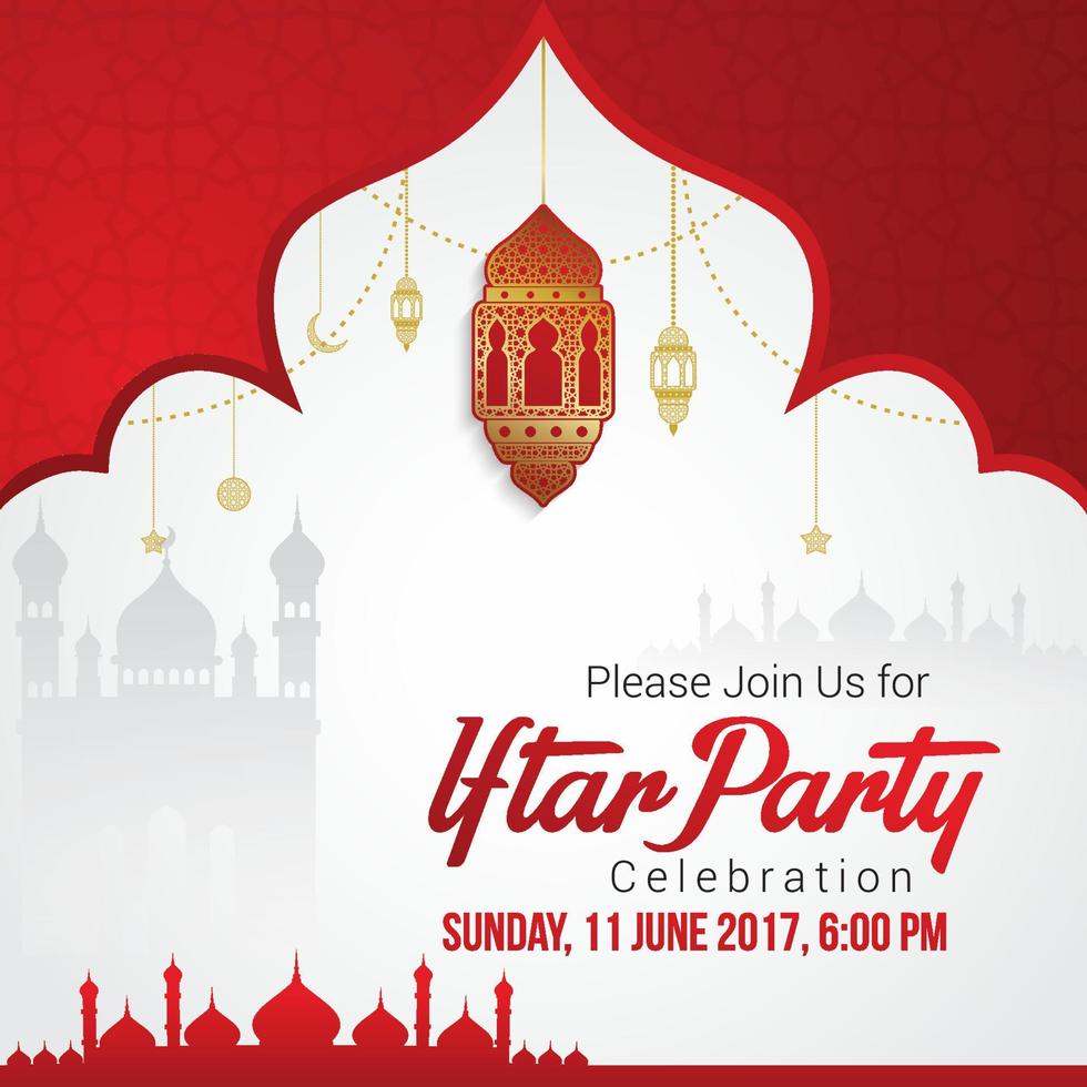 Iftar Party greeting card vector illustration with ornament background.