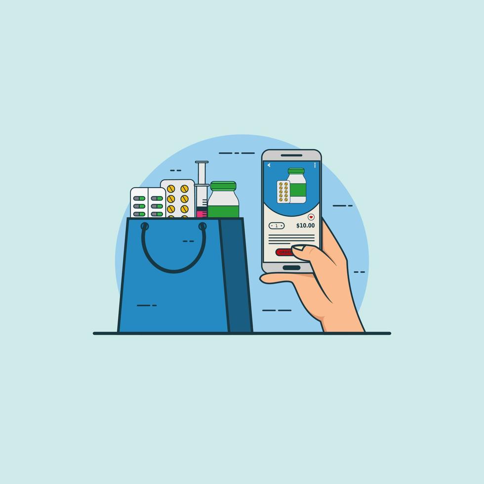 Illustration for buy online medicine or pharmacy with smartphone concept. Design vector with flat style