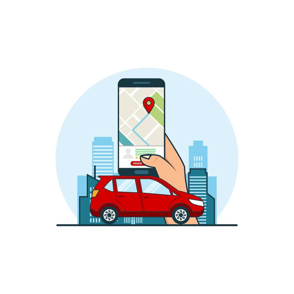 Illustration to find online transportation concept with smartphone maps gps location. Design vector with flat style