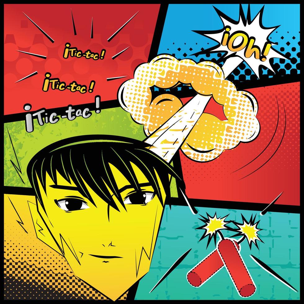 Cartoon man with an explosion over a halftone comic background - Vector