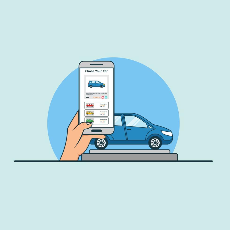 ilustración para comprar un automóvil en línea con el concepto de teléfono inteligente. vector de diseño con estilo plano