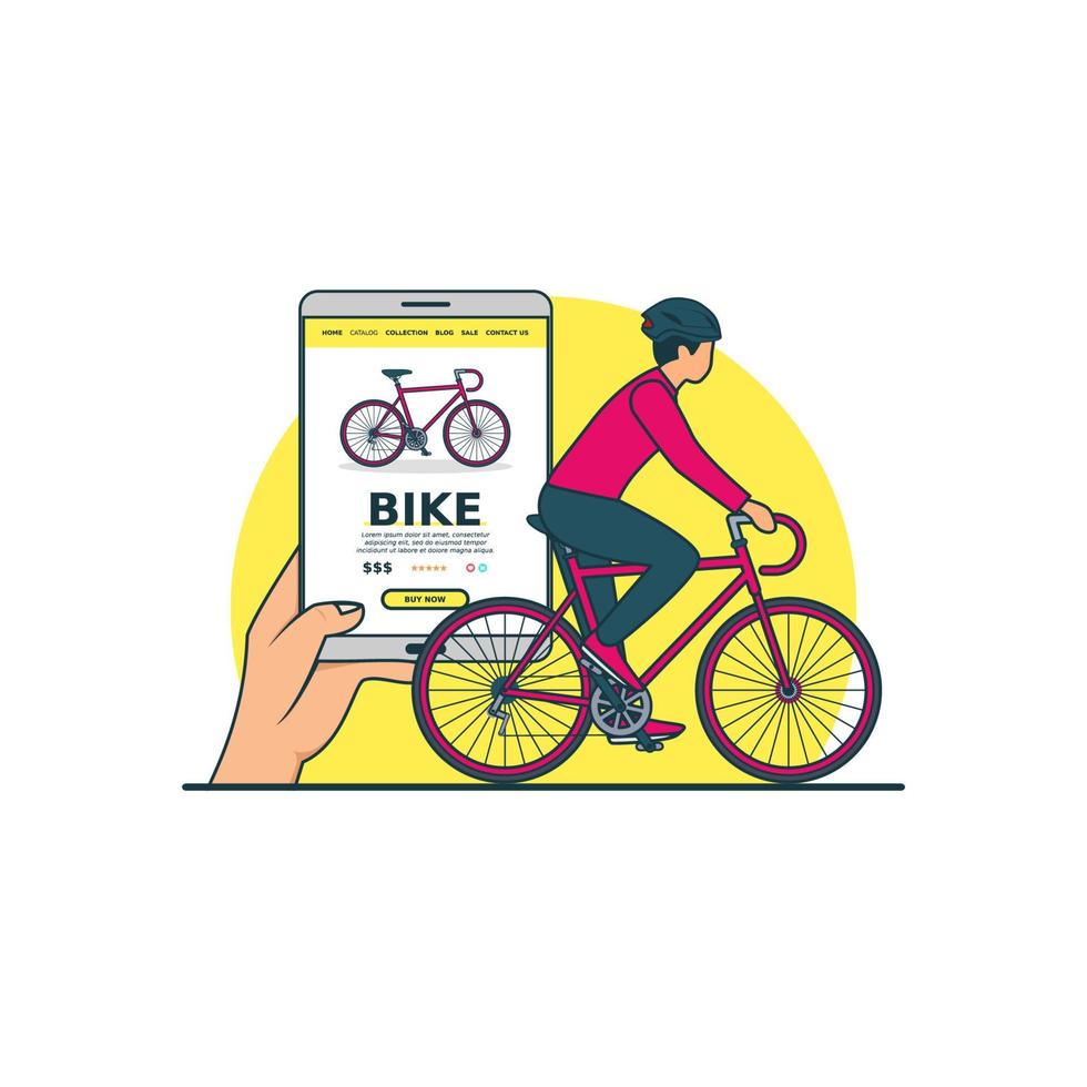 Ilustración de vector de concepto de compra en línea de bicicletas. tecnología digital para compras