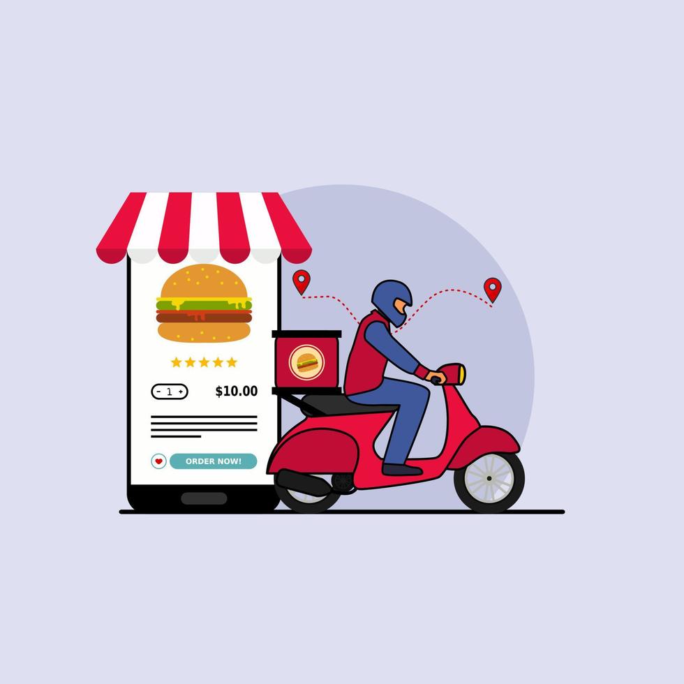 Illustration to find food delivery concept with smartphone maps gps location. Design vector with flat style