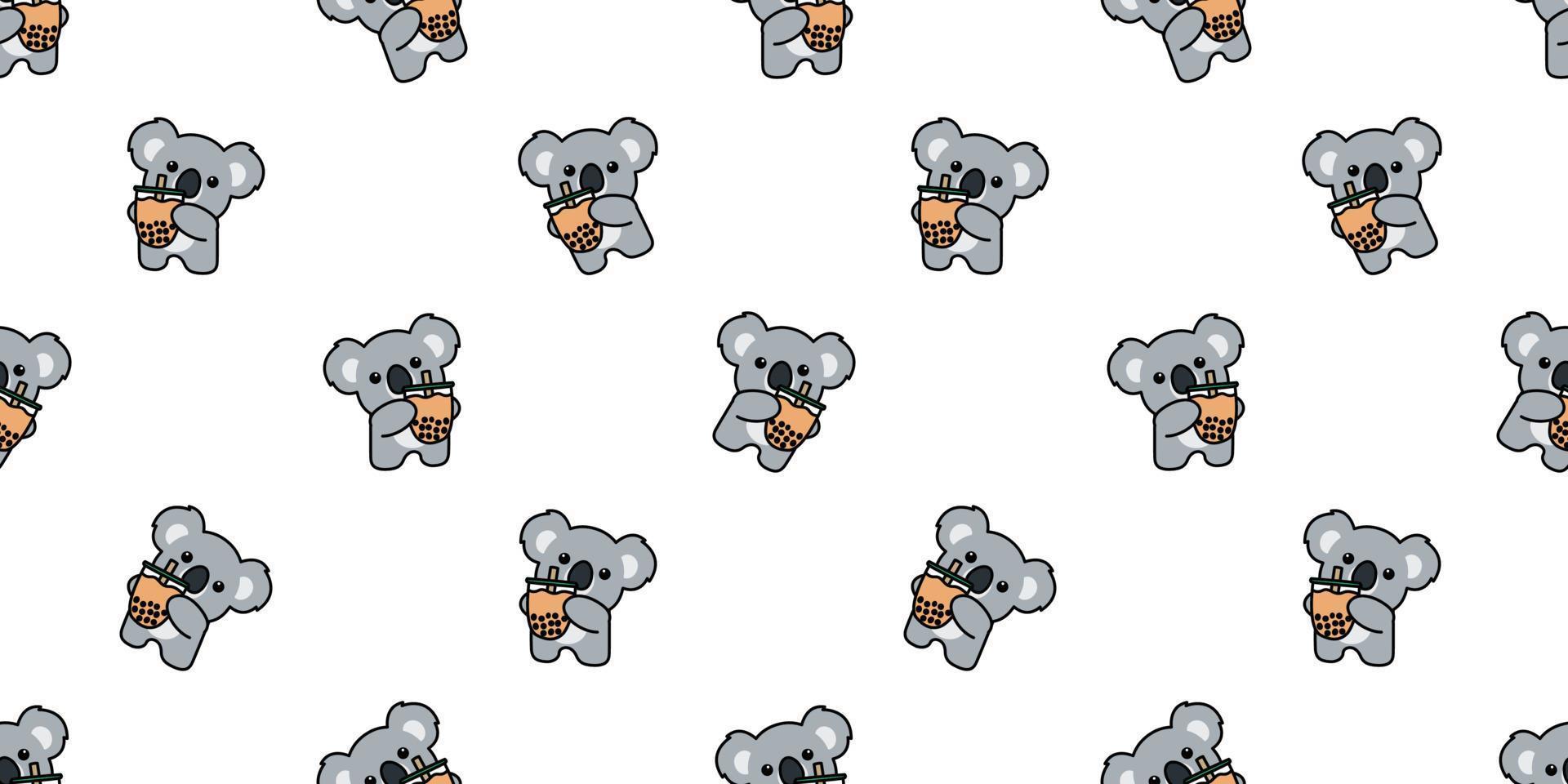 Cute koala with bubble tea cartoon seamless pattern, vector illustration