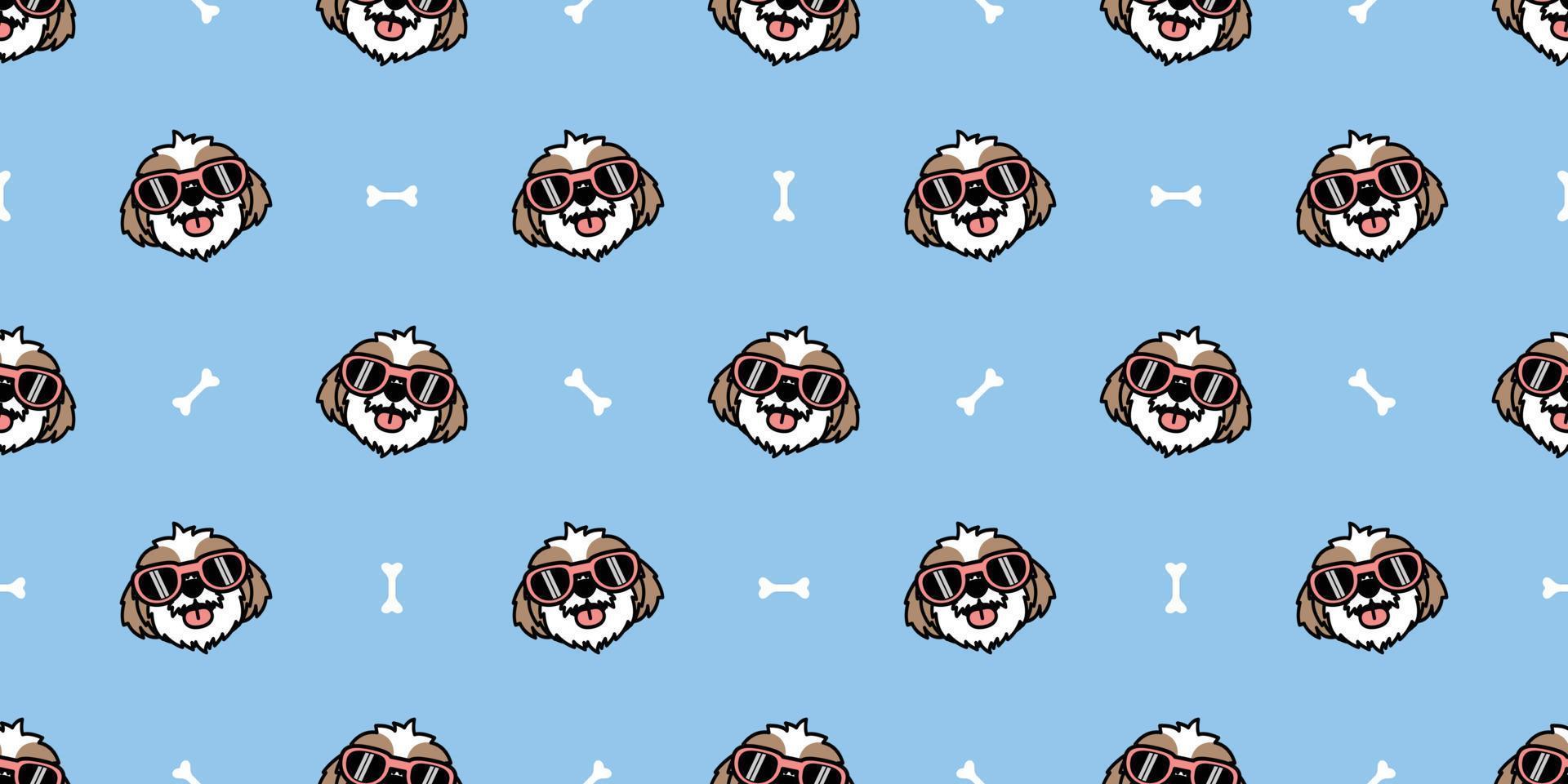 Cute shih tzu dog with sunglasses cartoon seamless pattern, vector illustration