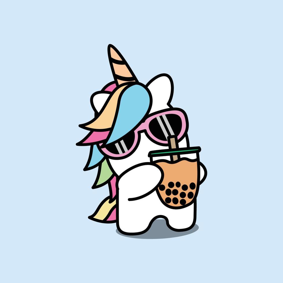 Cute unicorn with bubble tea cartoon, vector illustration