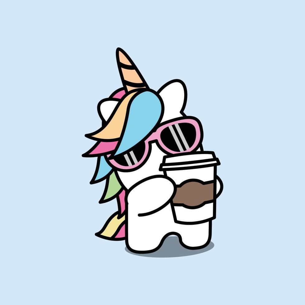 Cute unicorn with coffee cartoon, vector illustration