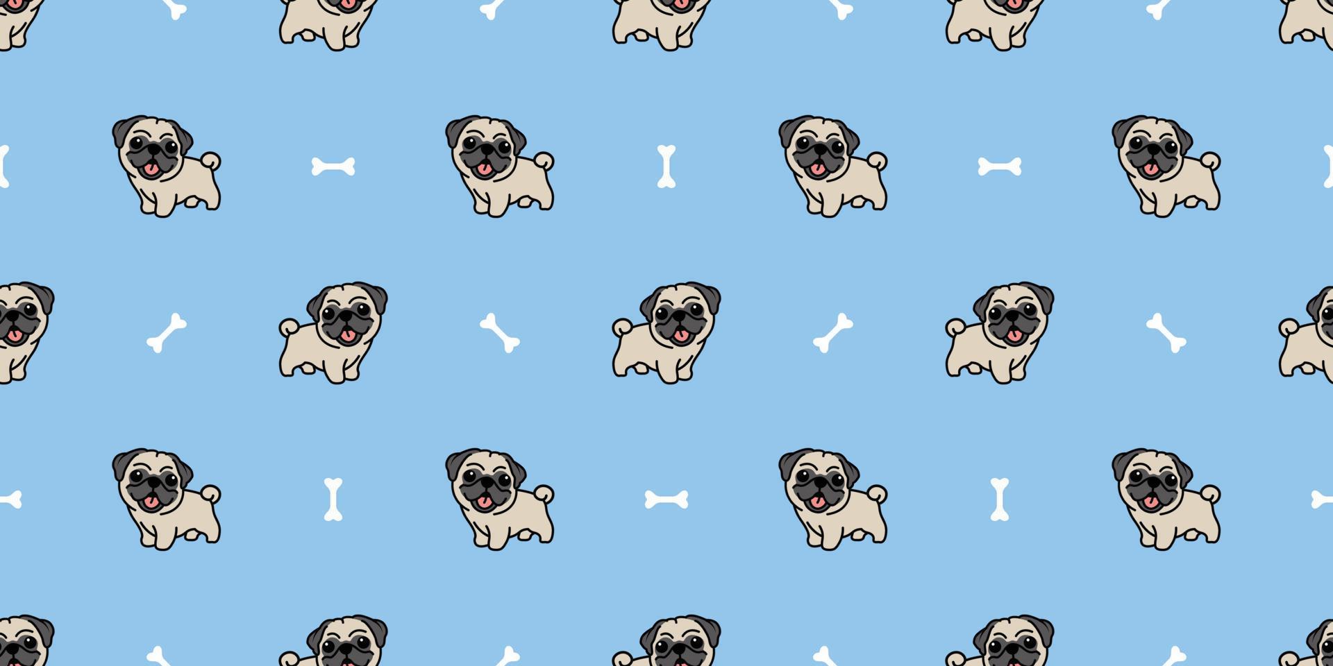 lindo perro pug dibujos animados patrón sin costuras, ilustración vectorial vector