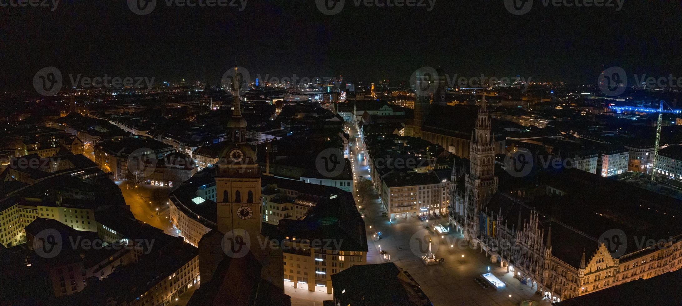 Aerial wide panorama of New Town Hall and Marienplatz at night Munich city photo