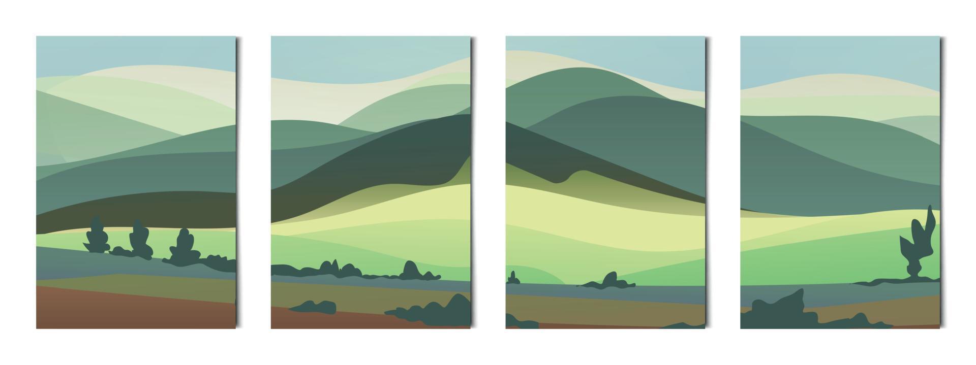 conjunto de 4 piezas paisajes de montañas y bosques - vector