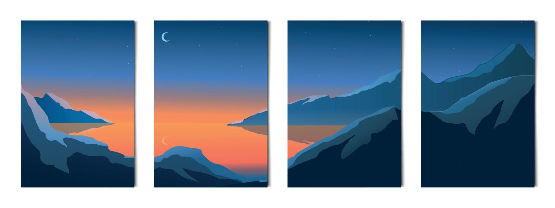 conjunto de 4 paisajes nocturnos de montañas y lagos - vector