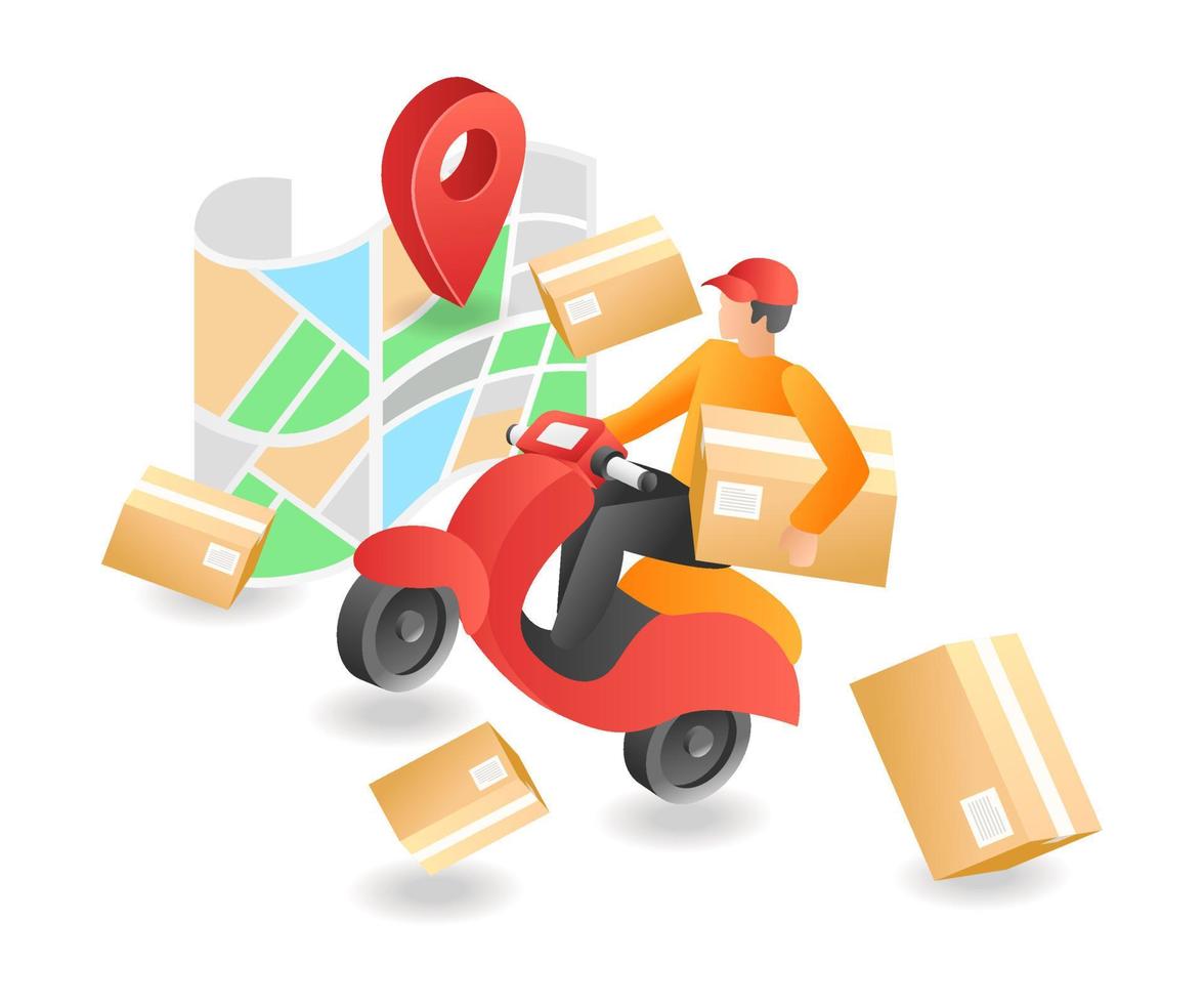 Flat isometric illustration landing page concept. courier follow gps app vector